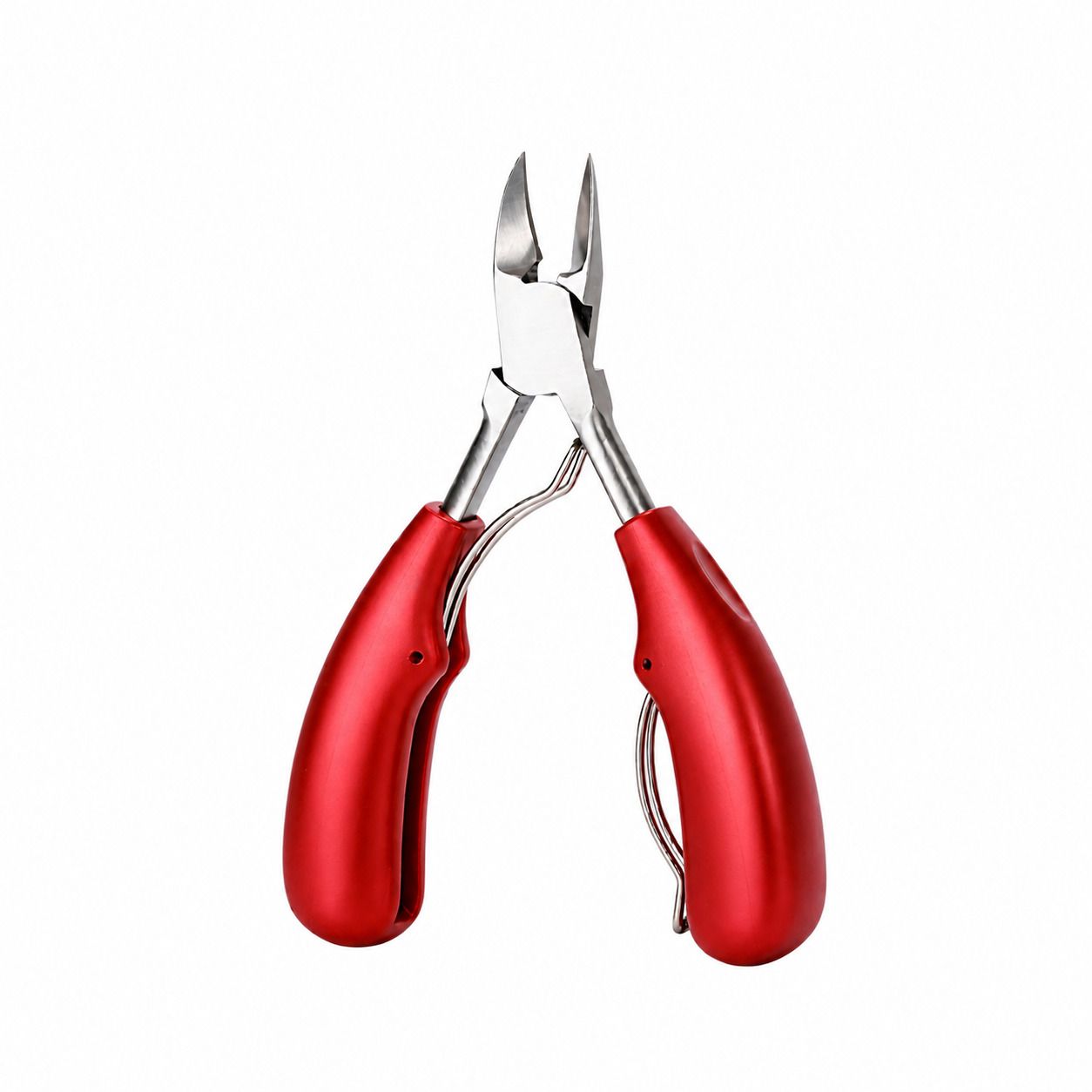 Nagelknipser aus Edelstahl mit rotem Griff. Präzisionszange mit gebogener Schneide und rutschfestem Griff.