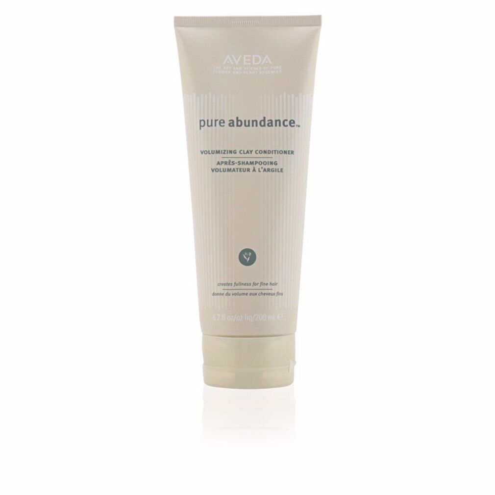 Beige Tube mit Produktnamen und Schriftzug. Aveda Pure Abundance Balsamo Volumizzante all'Argilla. Vertikale Streifen.