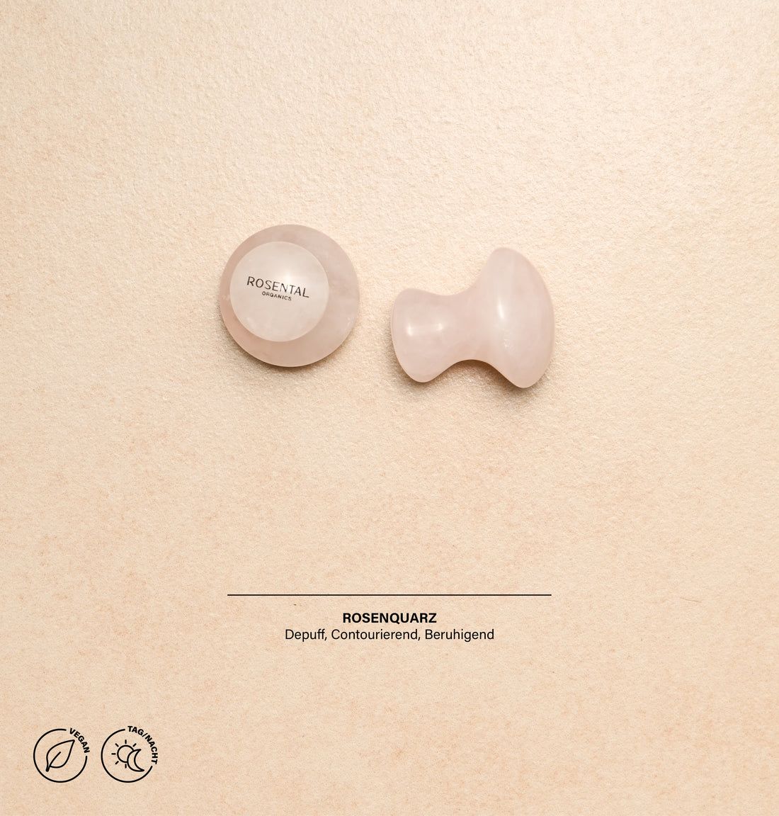Zwei Rosental Organics Eye Flowies auf beigem Hintergrund. Text: Rosenquarz, Depuff, Contourierend, Beruhigend. Vegan- und Nacht-Symbol.