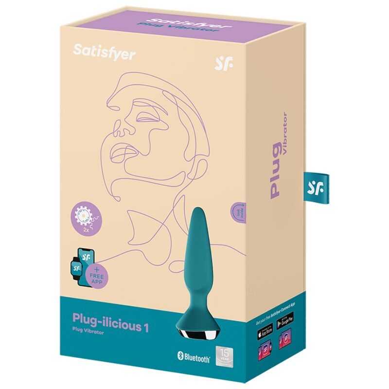 Verpackung mit Produkt. Aufschrift: Satisfyer, Plug Vibrator. Türkisfarbener Plug. Bluetooth-Logo.
