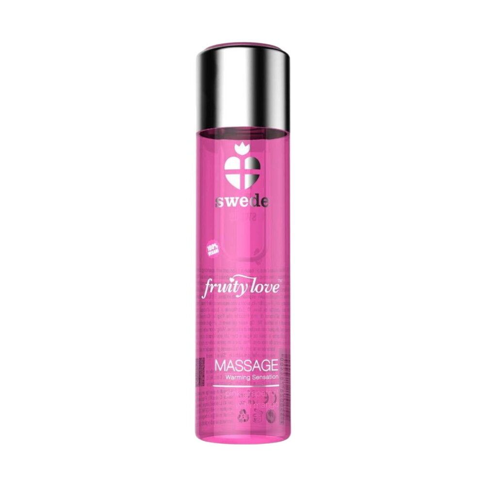 Rosa Flasche mit silbernem Deckel. Aufschrift: Swede, Fruity Love, Massage.