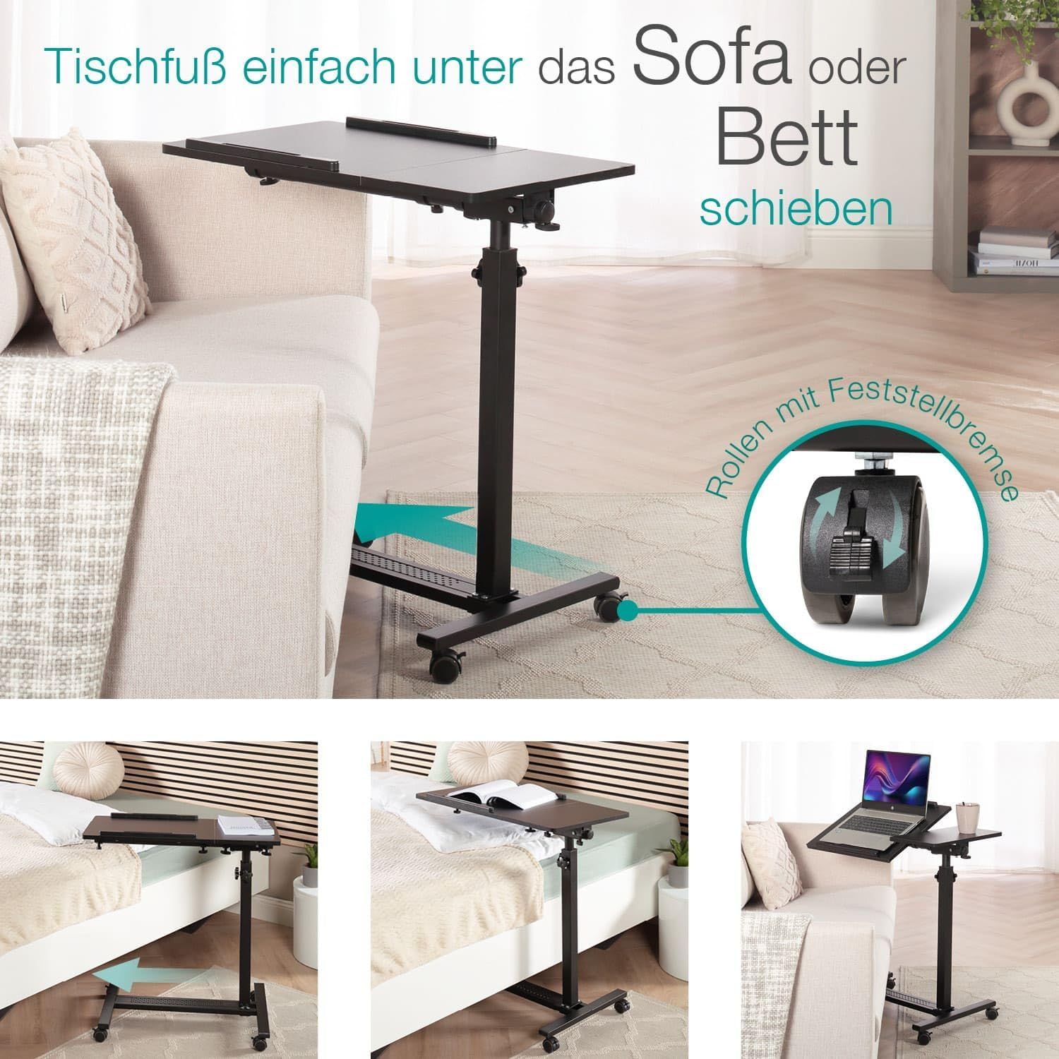 Schwarzer Beistelltisch mit Rollen und Feststellbremse. Unter Sofa oder Bett schiebbar. Mehrere Ansichten: am Bett, Sofa und als Ablage.