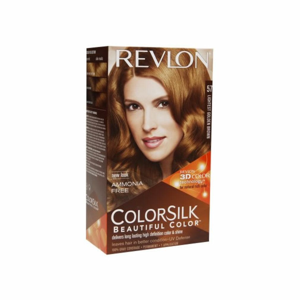 Revlon Colorsilk Haarfärbemittel-Verpackung, Farbton 57 Lightest Golden Brown. Frau mit goldbraunem Haar abgebildet. Text: Ammonia Free, 3D Color Technologie.