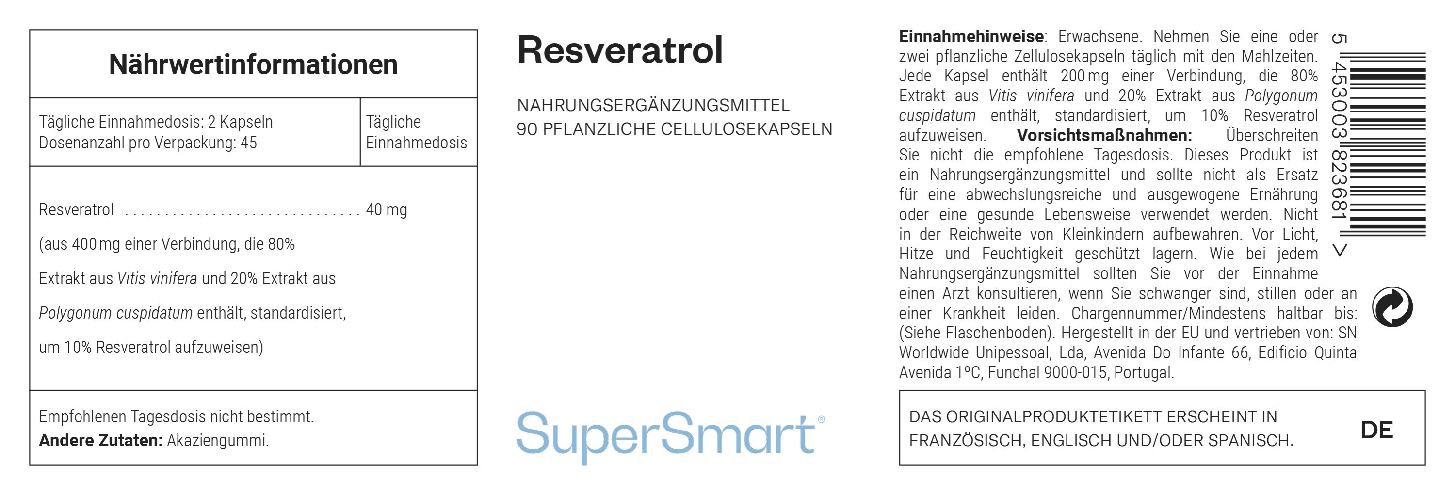 Etikett mit Produktinformationen. Resveratrol, 90 Kapseln. Marke: SuperSmart. Enthält Inhaltsangaben und Verzehrempfehlung.