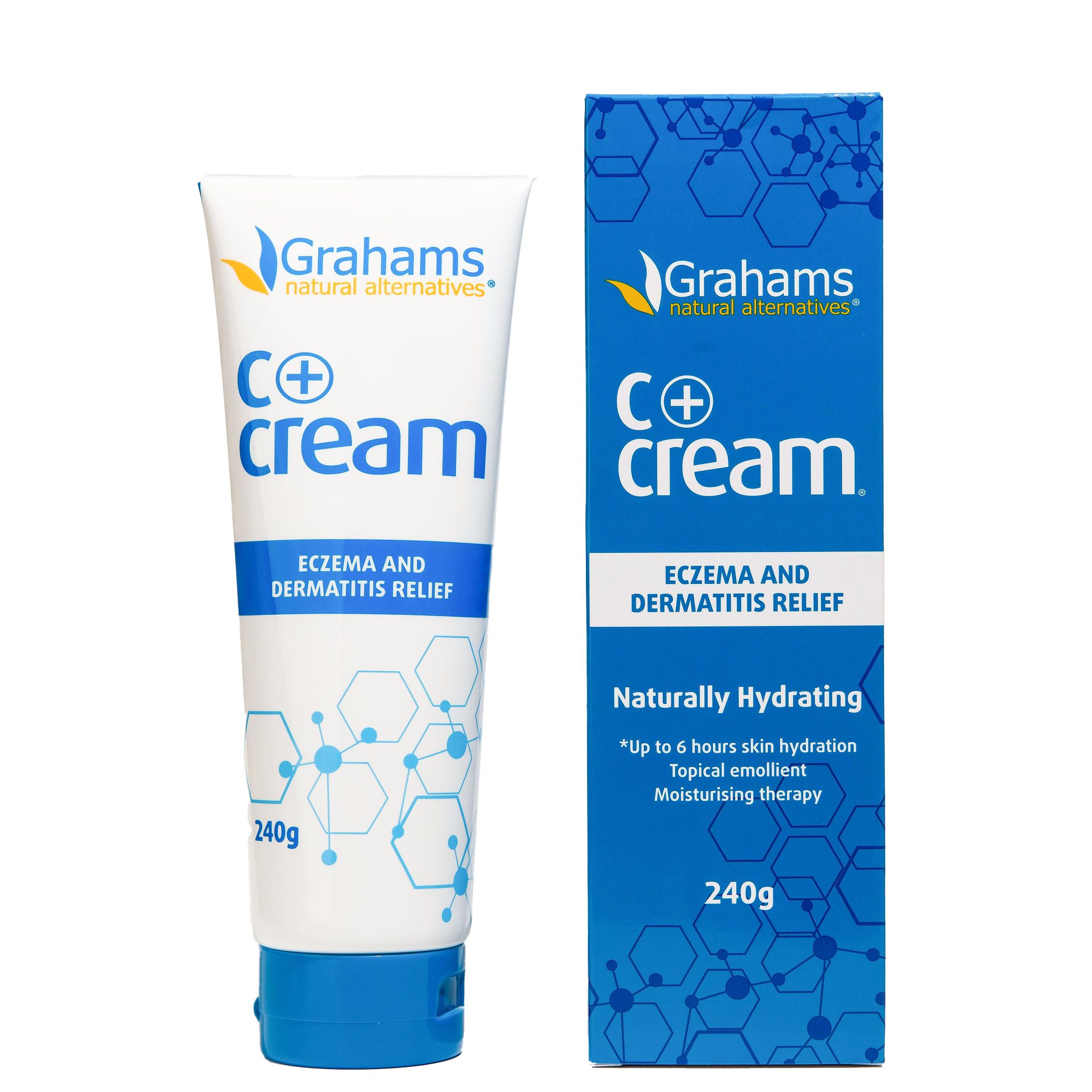 Tube und Schachtel Grahams C+ Creme. Text: Ekzem und Dermatitis Relief, Naturally Hydrating, 240g.