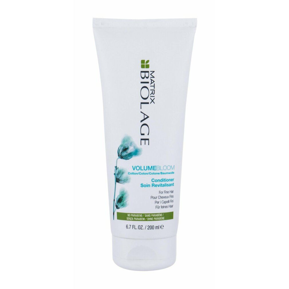 Weiße Tube BIOLAGE volumebloom Conditioner. Grüne und blaue Grafik. Text: Conditioner, 6.7 fl. oz / 200 ml.