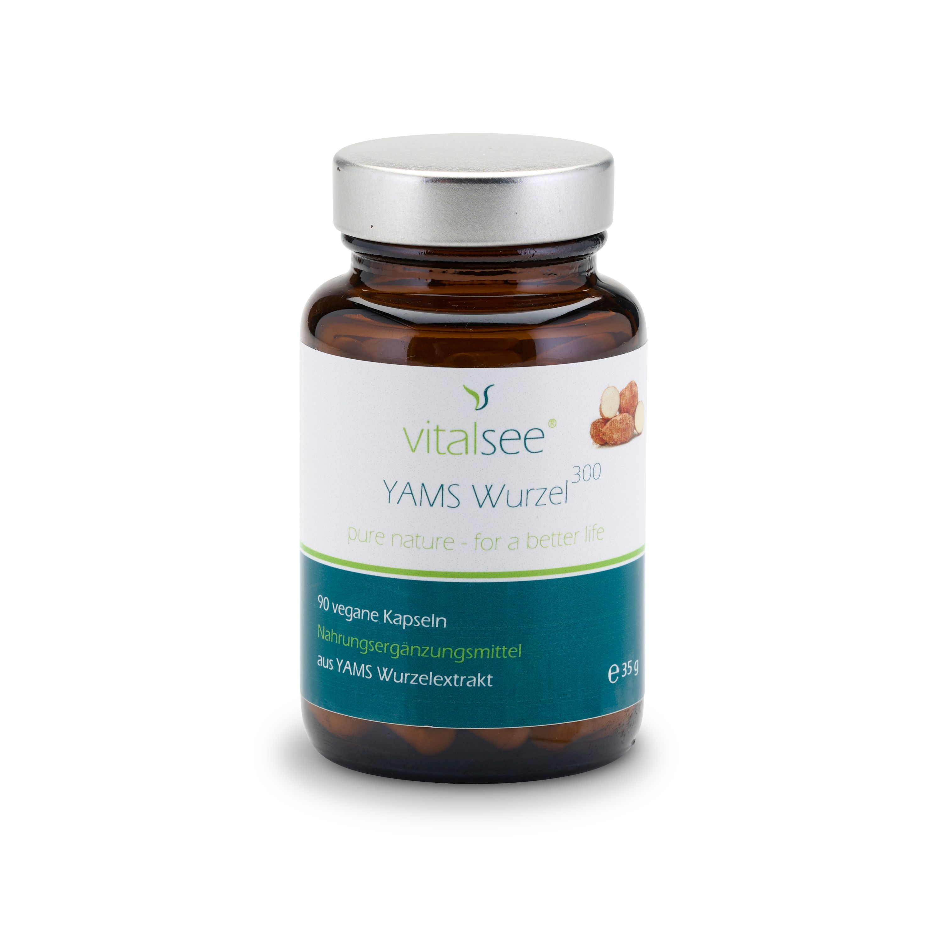 Braune Glasflasche mit silbernem Deckel. Etikett mit Produktnamen und Logo. Enthält Kapseln. Aufschrift: YAMS Wurzel 300 Extrakt.