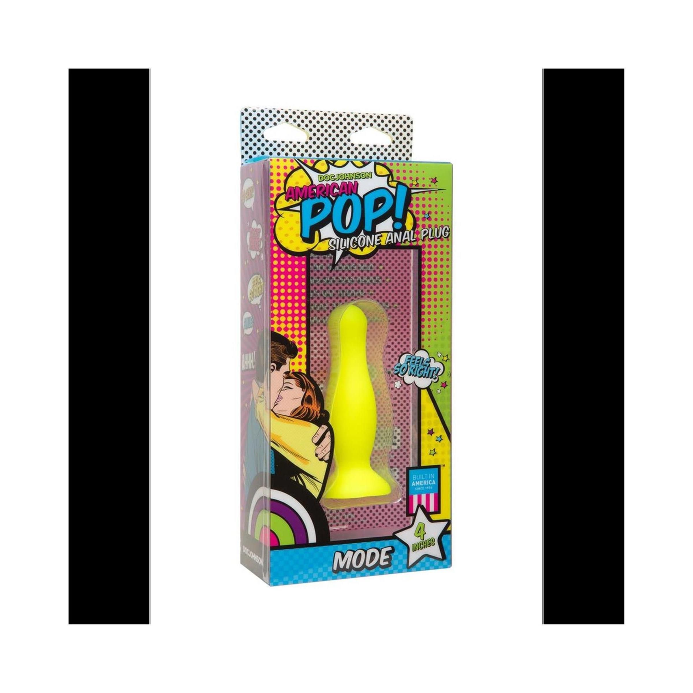 Gelber Analplug in Verpackung. Aufschrift "American Pop!" und "MODE".