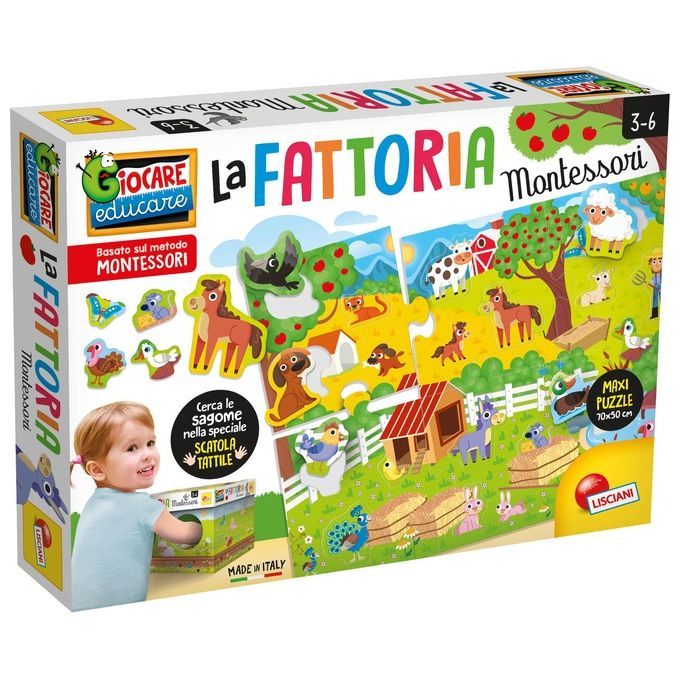Puzzle La Fattoria Montessori. Confezione in cartone con illustrazioni di animali della fattoria. Età consigliata: 3-6 anni.