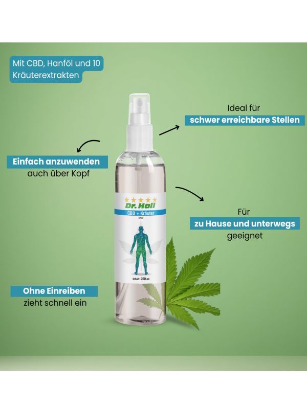 Sprühflasche mit Etikett und Text. Aufschrift: Dr. Hall CBD + Kräuter. Abbildung eines menschlichen Körpers. Grüne Blätter im Hintergrund.