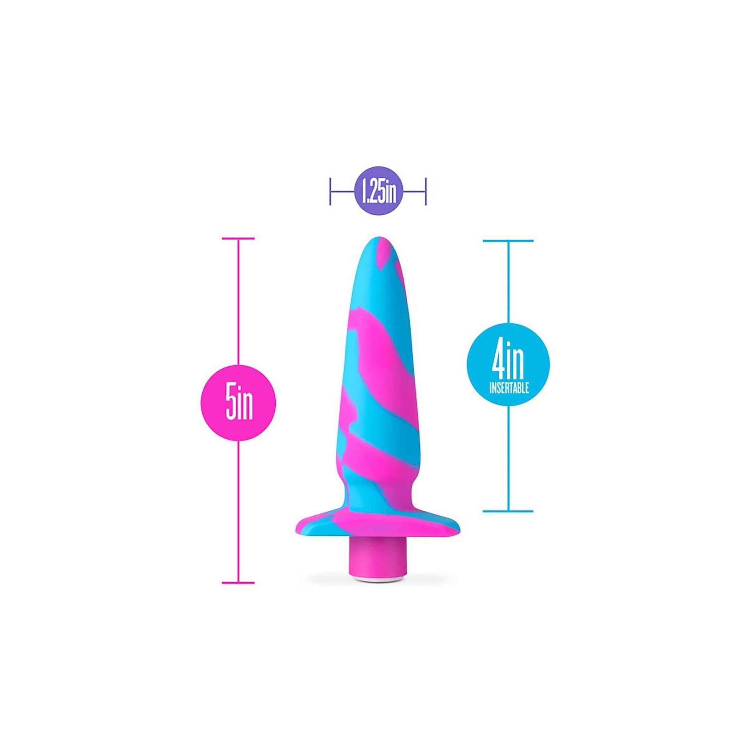 Wellness-Produkt, blau und pink, mit Größenangaben: 5 Zoll hoch, 1,25 Zoll breit, 4 Zoll einführbar.