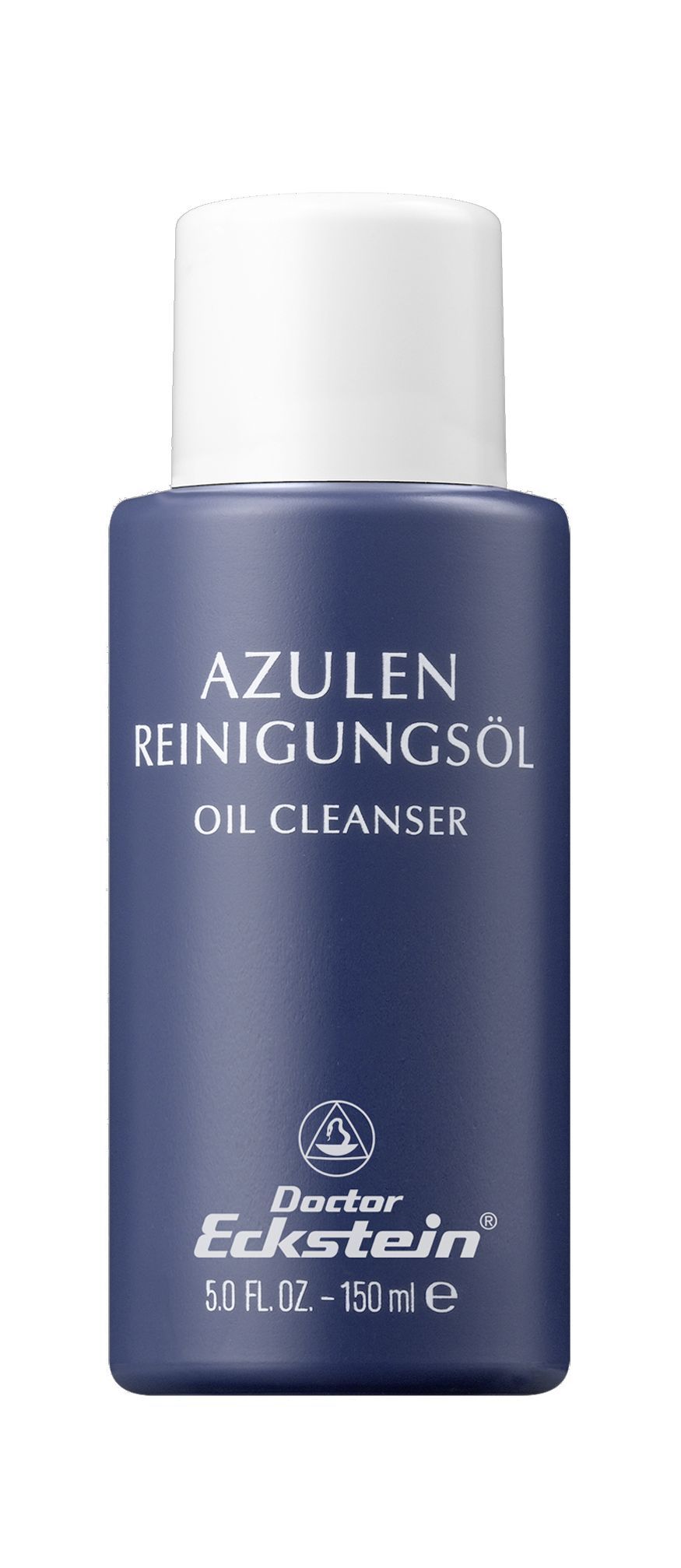 Blaue Flasche mit weißem Deckel. Aufschrift: AZULEN REINIGUNGSÖL, OIL CLEANSER. Marke: Doctor Eckstein. Volumen: 150 ml.