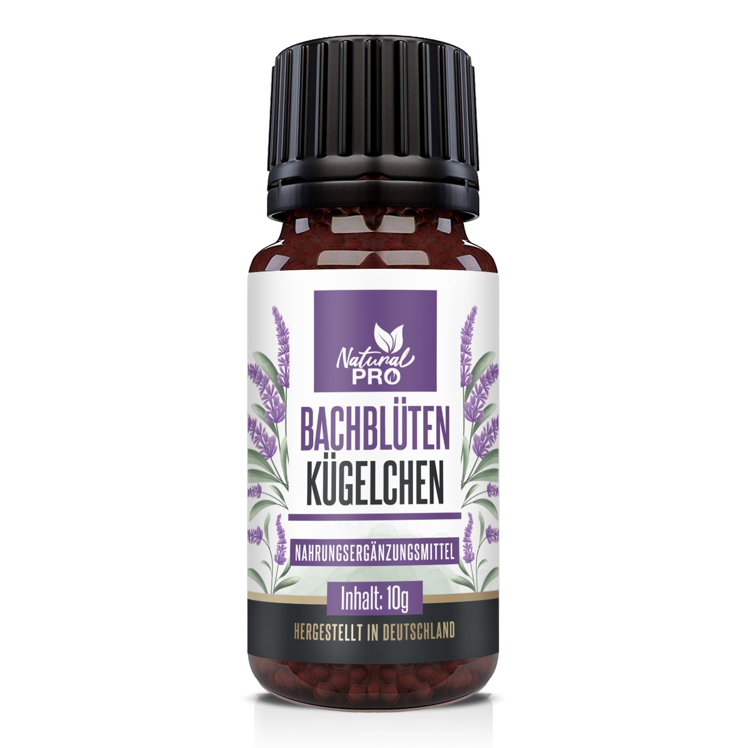 Braune Flasche mit schwarzem Deckel. Etikett mit Produktname, Lavendel-Illustration und Inhalt: 10g.