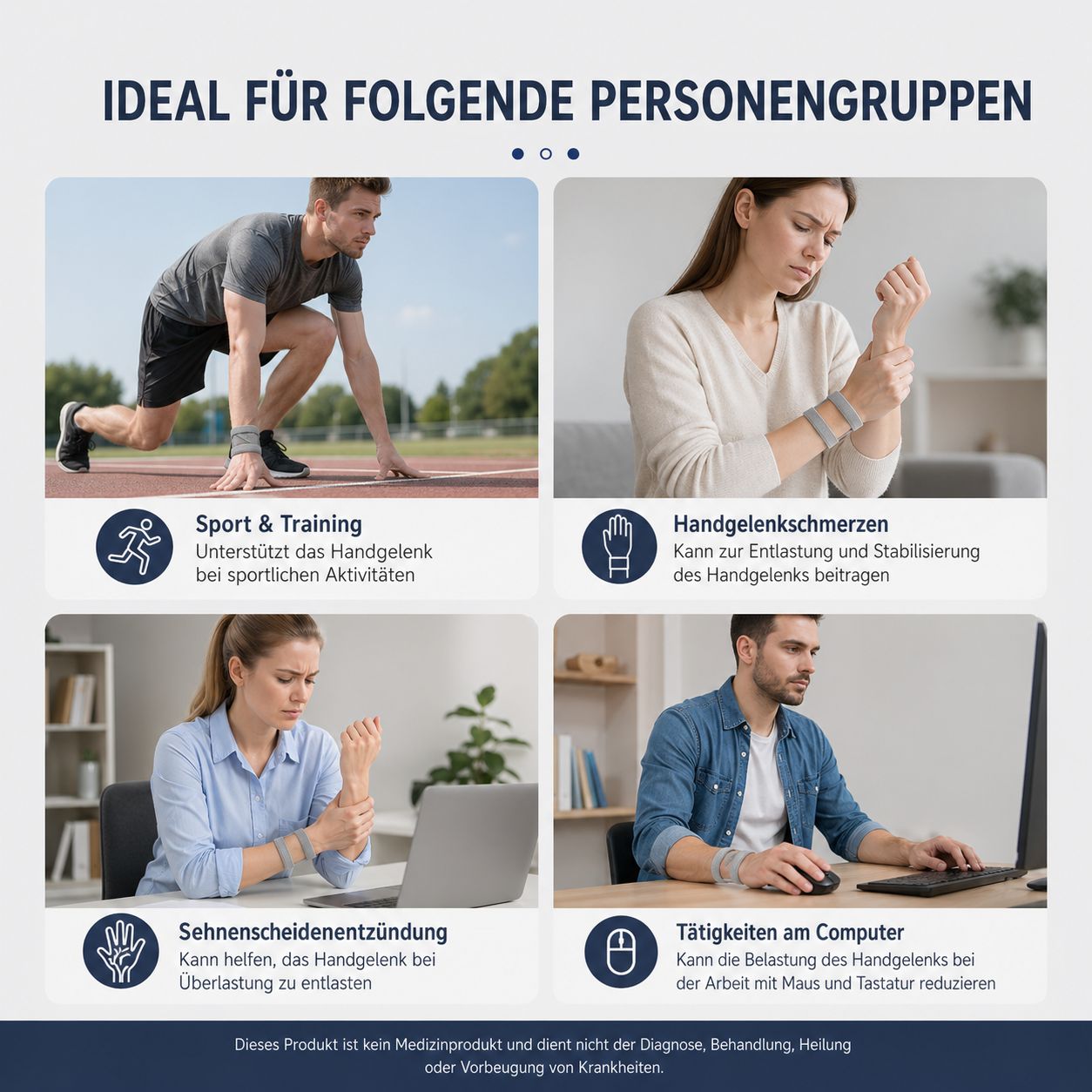 Vier Szenen mit Personen, die Handgelenkbandagen tragen. Für Sport, Schmerzen, Sehnenscheidenentzündung, Computerarbeit.