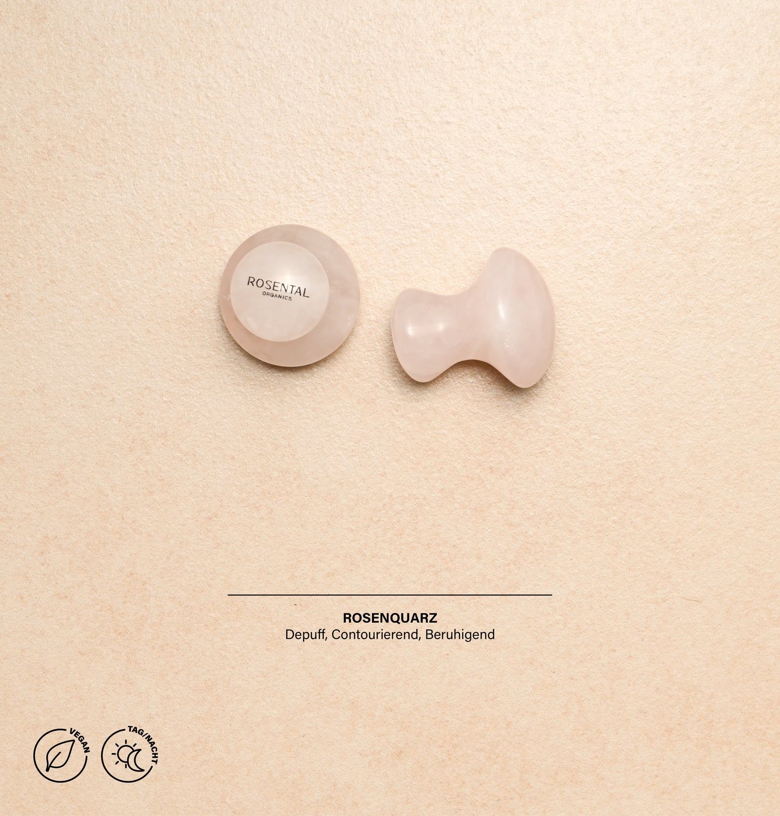 Zwei Eye Flowies Rose Quartz aus Rosenquarz. Ein runder und ein geformter Stein. Text: Rosenquarz, Depuff, Contourierend, Beruhigend.