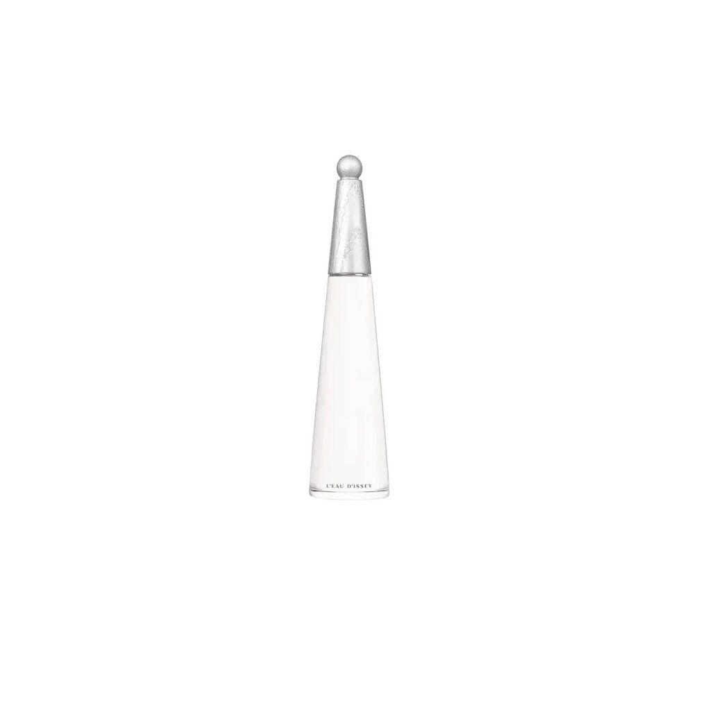 Issey Miyake, L'Eau d'Issey EdP Nat. Spray Intense Flakon. Weißes, konisches Flakon mit silberner Kappe. Klarer Glasboden.