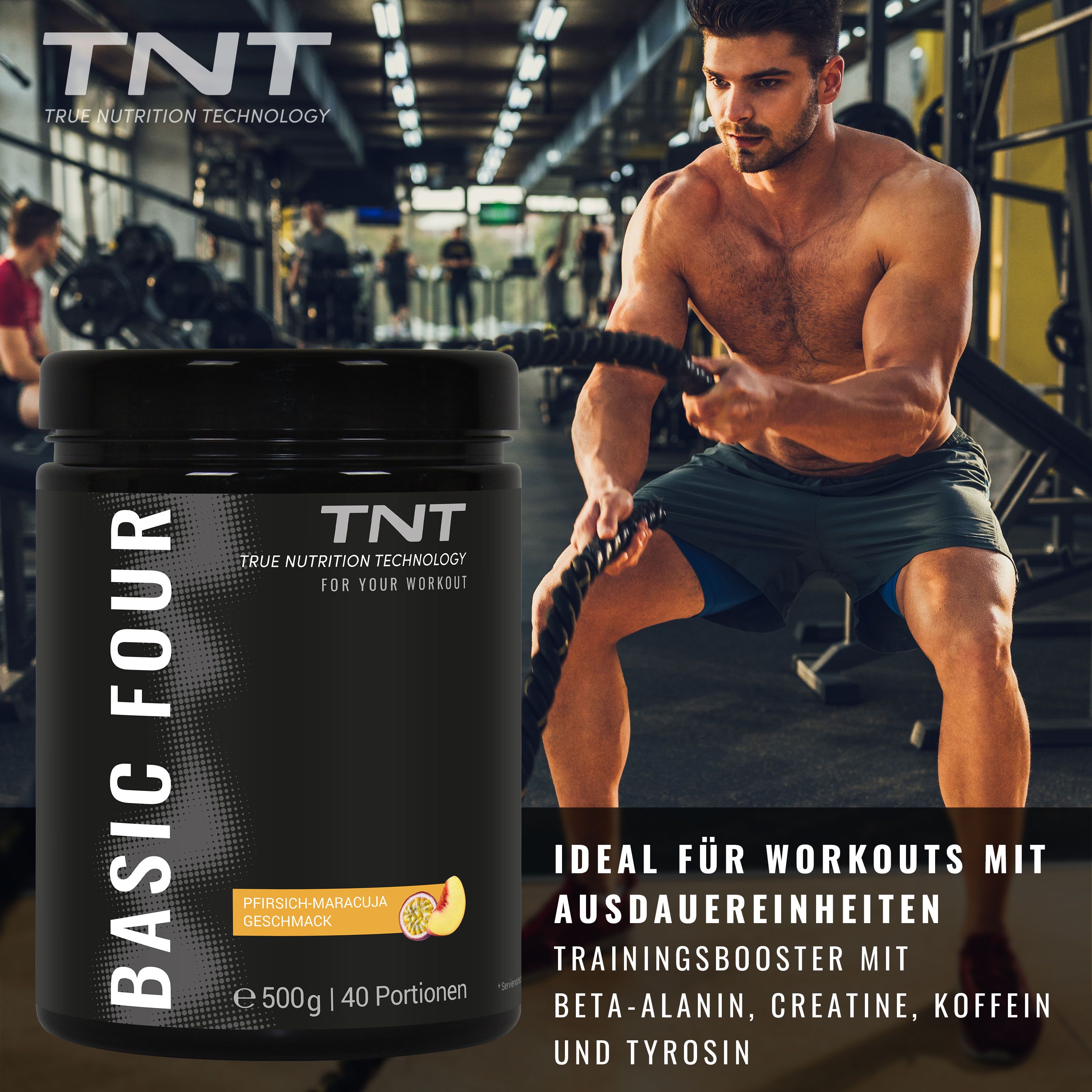Mann trainiert mit Seil. Dose BASIC FOUR und TNT Logo. Text: Trainingsbooster mit Beta-Alanin, Kreatin, Koffein und Tyrosin. Geschmack: Pfirsich-Maracuja.