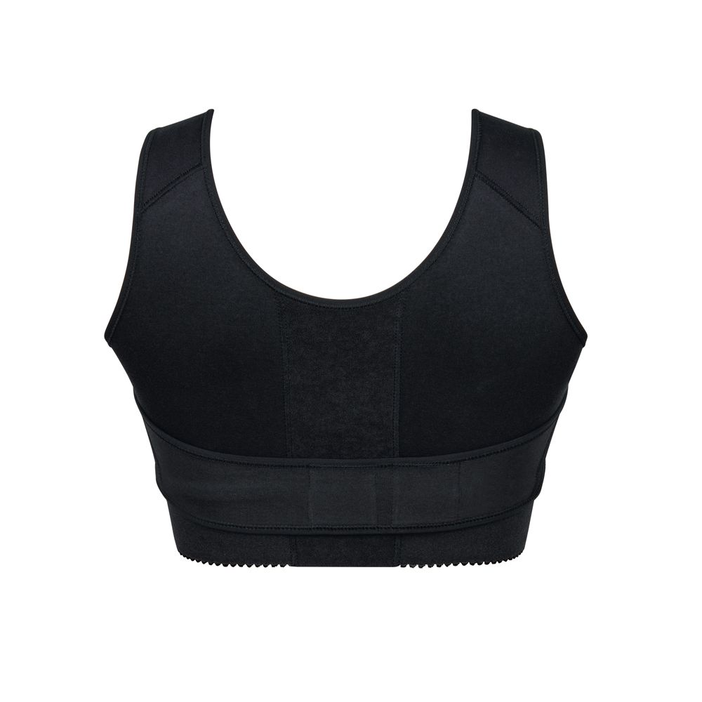 Schwarzer Kompressions-BH mit breiten Trägern und Klettverschluss. Rückansicht. Unterbrustband mit Zähnchen.