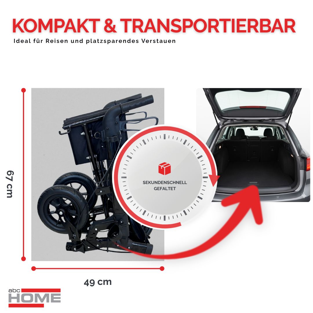 Technische Zeichnung eines Rollators mit Maßen.