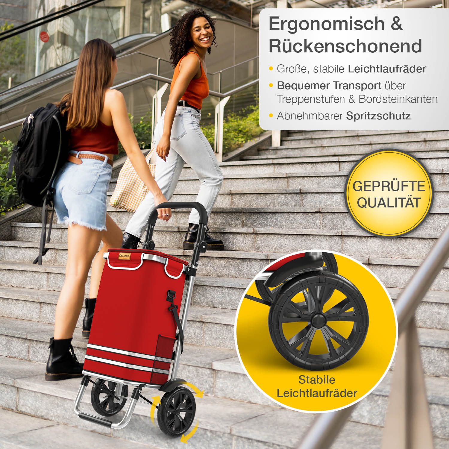Zwei Frauen mit Einkaufstrolley auf Treppe. Rote Tasche, stabile Räder, abnehmbarer Spritzschutz.