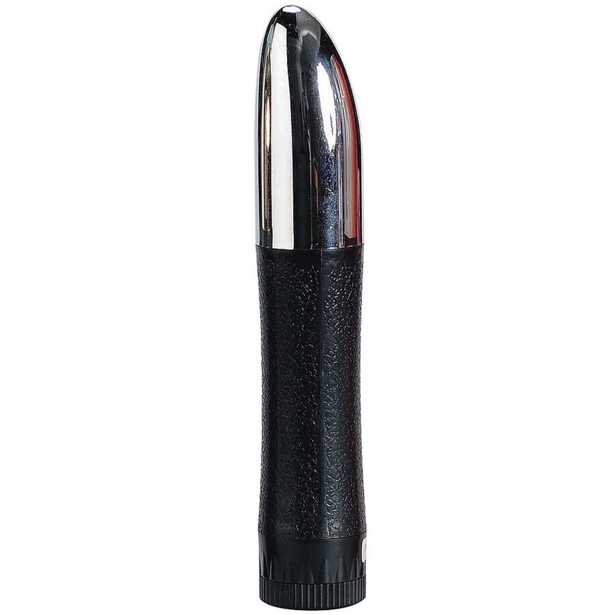 Schwarz-silberner Vibrator. Metallischer Kopf, geriffelter Griff. Batteriebetrieben.