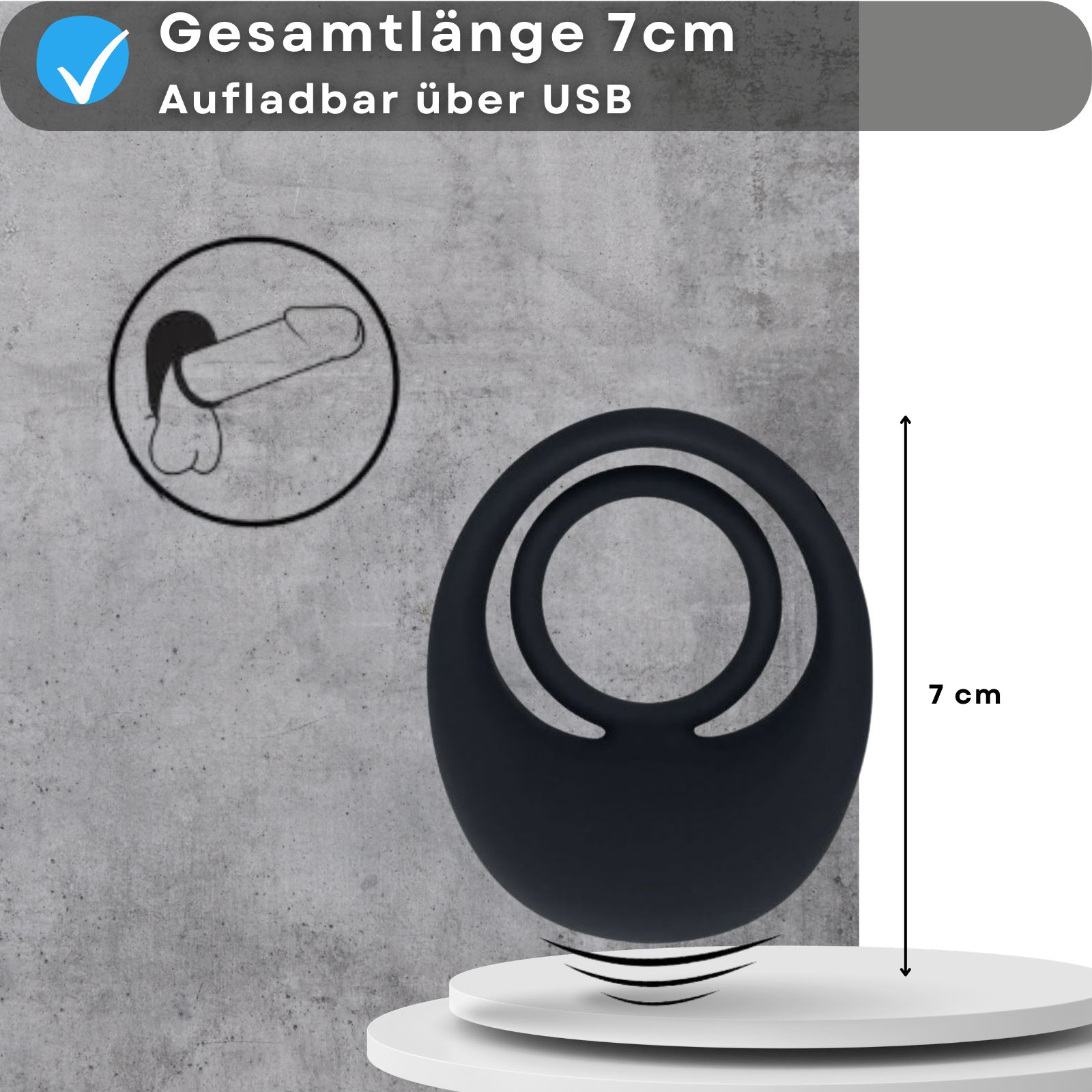 Penisring auf Podest. Produktmerkmal: Gesamtlänge 7cm. Illustration eines Penis.