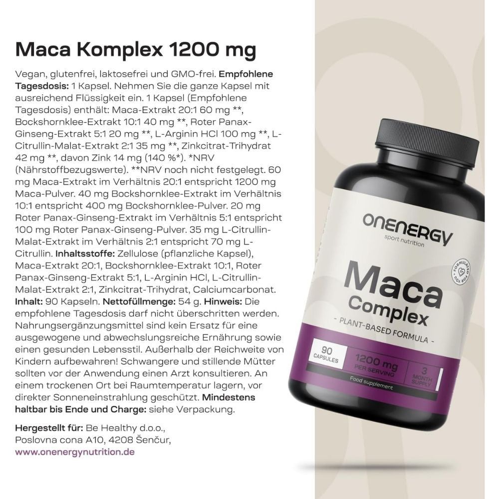 Produktflasche "OnEnergy Maca Komplex" mit Text. Text: Vegan, glutenfrei, laktosefrei und GMO-frei. 90 Kapseln, 1200 mg.