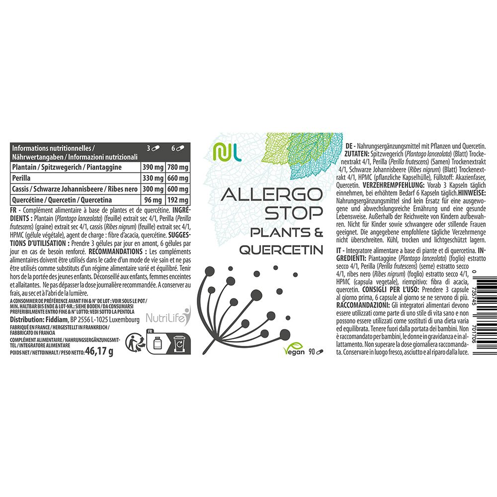Rückseite einer Allergo Stop-Flasche. Enthält Informationen zu Inhaltsstoffen und Dosierung. Vegan-Logo. Text in Deutsch, Französisch und Italienisch.