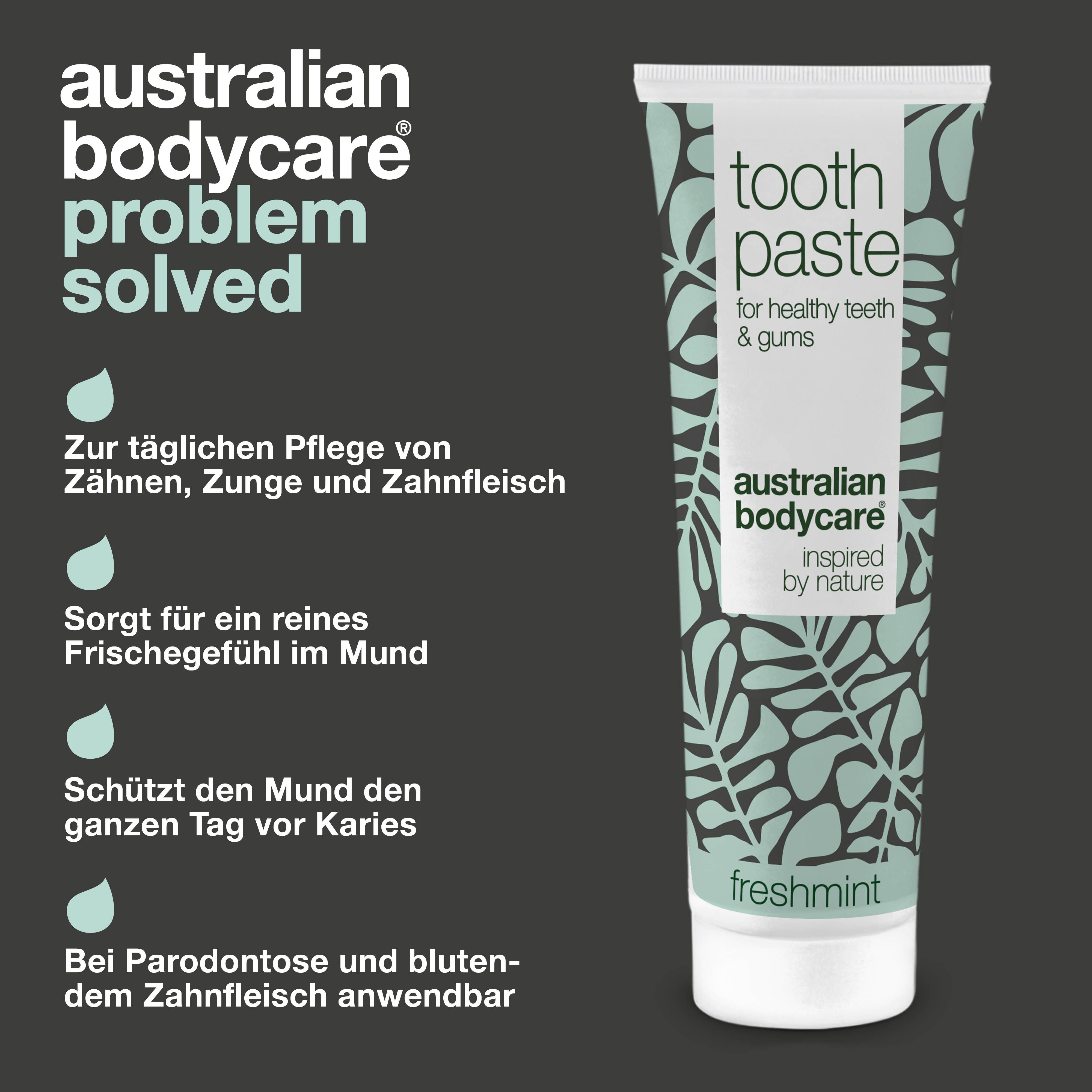 Zahnpasta-Tube mit Text. Aufschrift: Toothpaste, Australian Bodycare, Freshmint. Text über Mundhygiene.