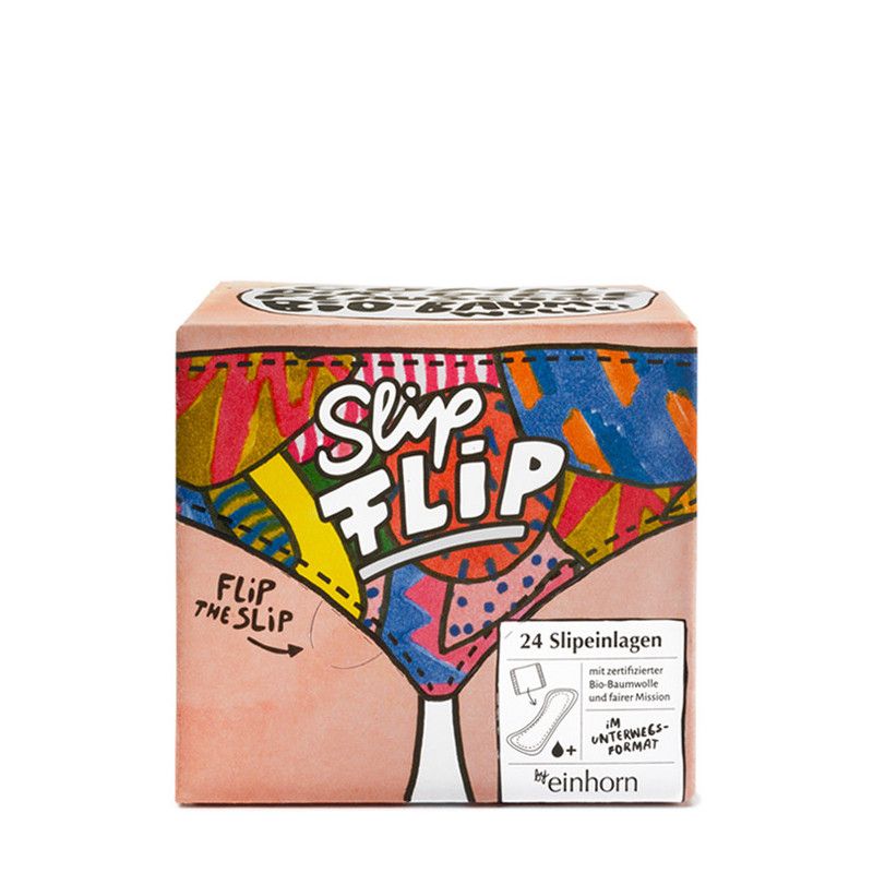 Verpackung mit SlipFlip Slipeinlagen. Bunte Illustration eines Slips. Text: 24 Slipeinlagen, Bio-Baumwolle, feine Mission, im Unternees-Format, by einhorn.