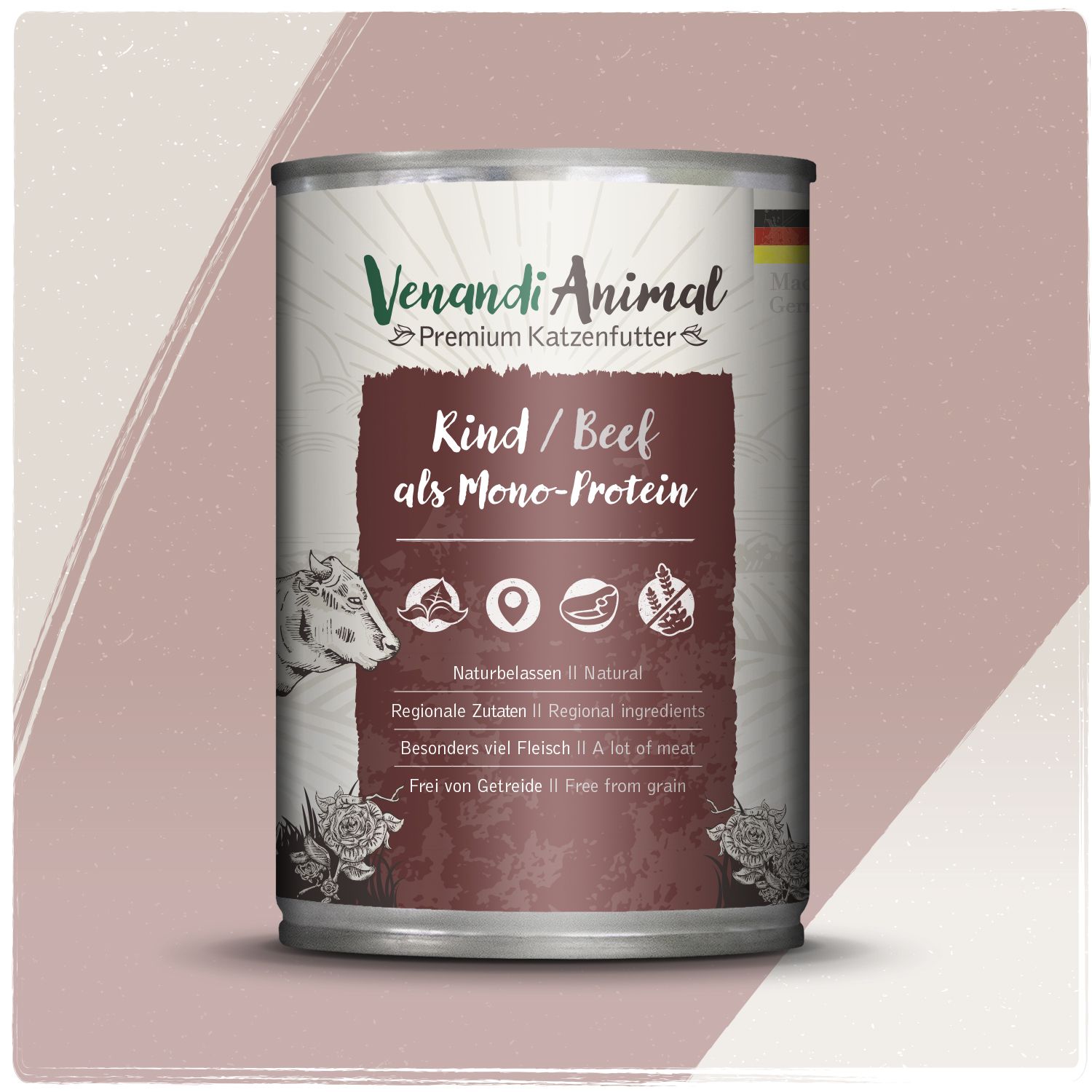 Venandi Animal Rind als Monoprotein Katzenfutter-Dose mit Rinderabbildung und deutschen Flaggen-Symbol auf rosa Hintergrund.