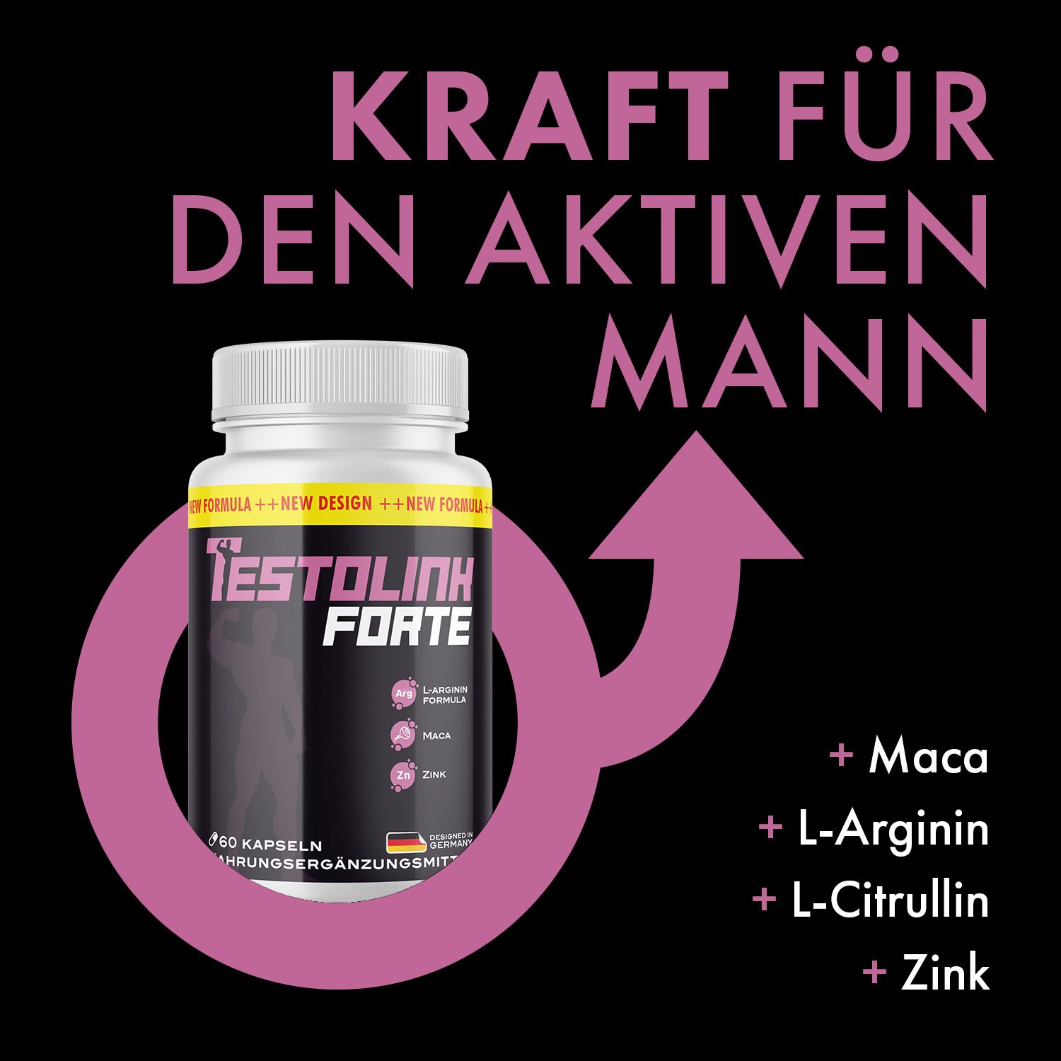 Testolink Forte Kapseln-Dose. Text: KRAFT FÜR DEN AKTIVEN MANN. Inhaltsstoffe: Maca, L-Arginin, L-Citrullin, Zink.