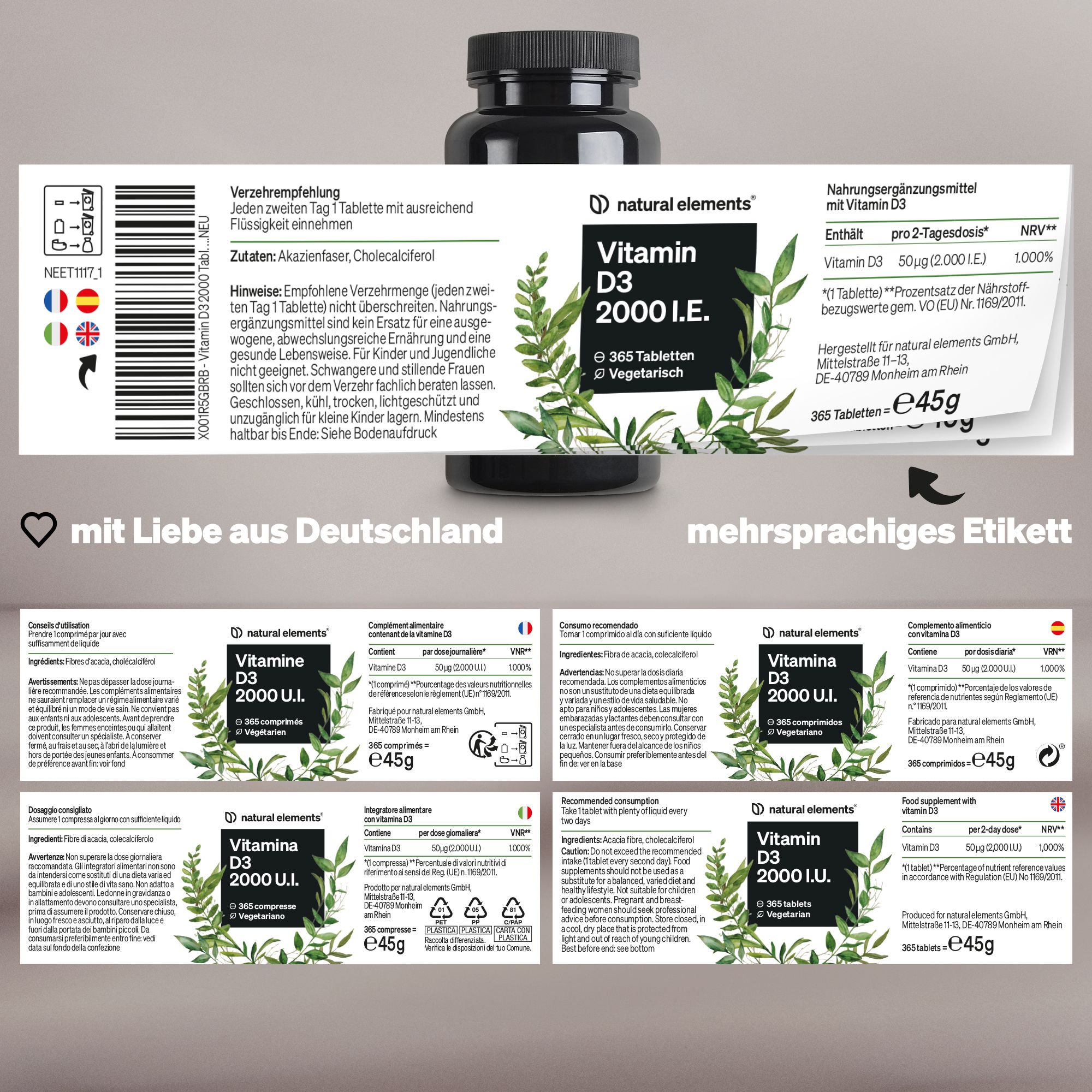 Produktflasche mit mehrsprachigen Etiketten. Etiketten zeigen Informationen zu Vitamin D3 2000 I.E. und Inhaltsstoffen.