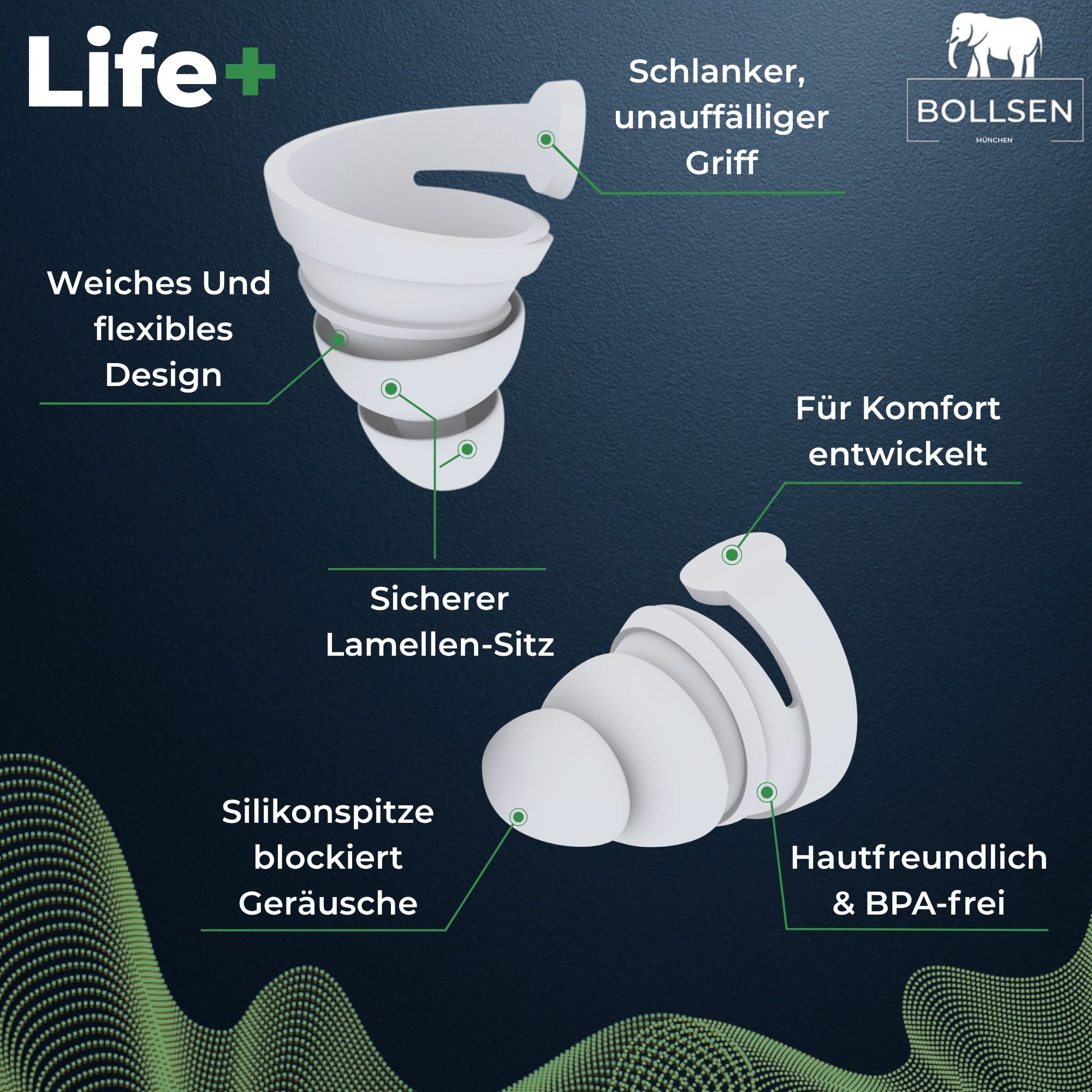 Detaillierte Ansicht der BOLLSEN Life+ Ohrstöpsel: Design, Material und Passform.