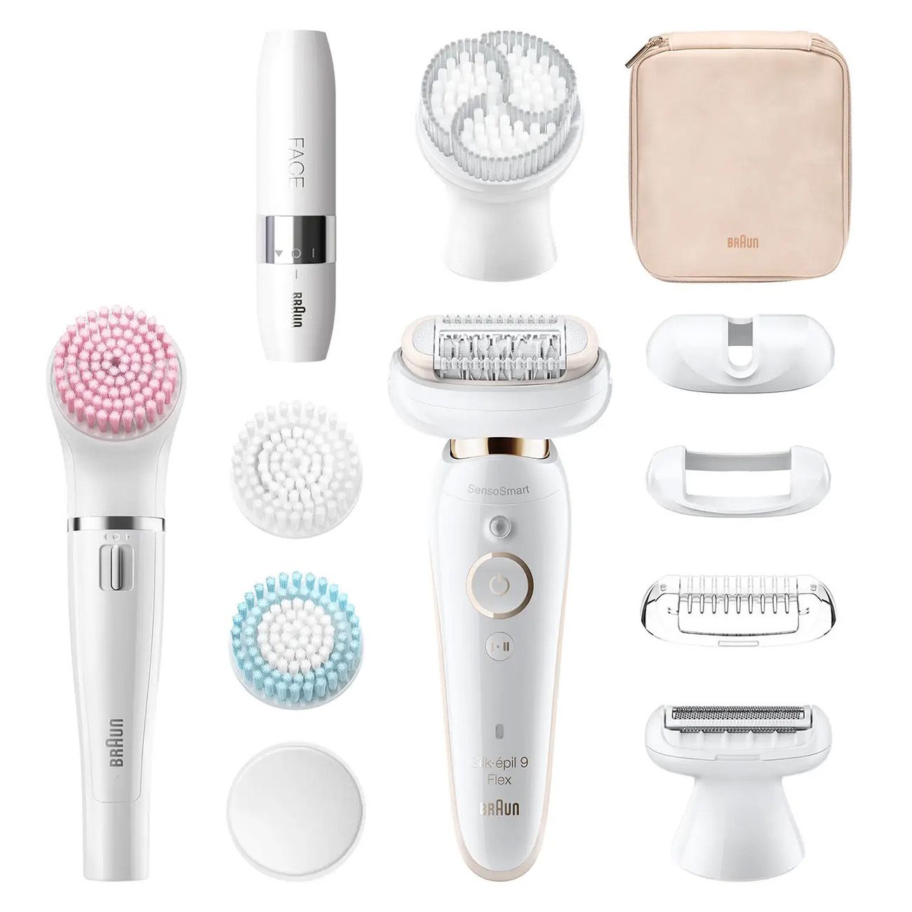 Epilierer und Zubehörteile, darunter Bürsten, Rasierer und eine Aufbewahrungstasche. Aufschrift: "Face", "Silk-épil 9 Flex", "Braun".