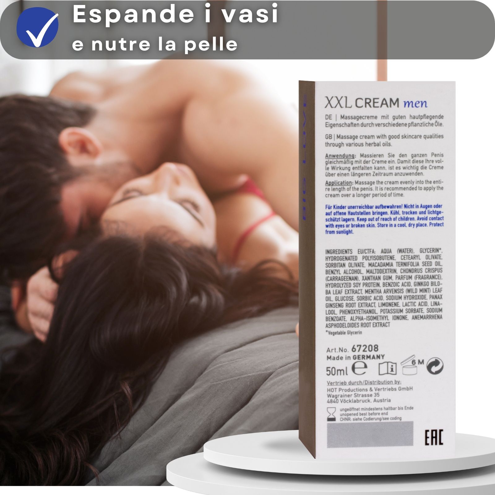 Scatola grigia con testo. XXL CREAM. Uomo e donna sullo sfondo. Ingredienti.