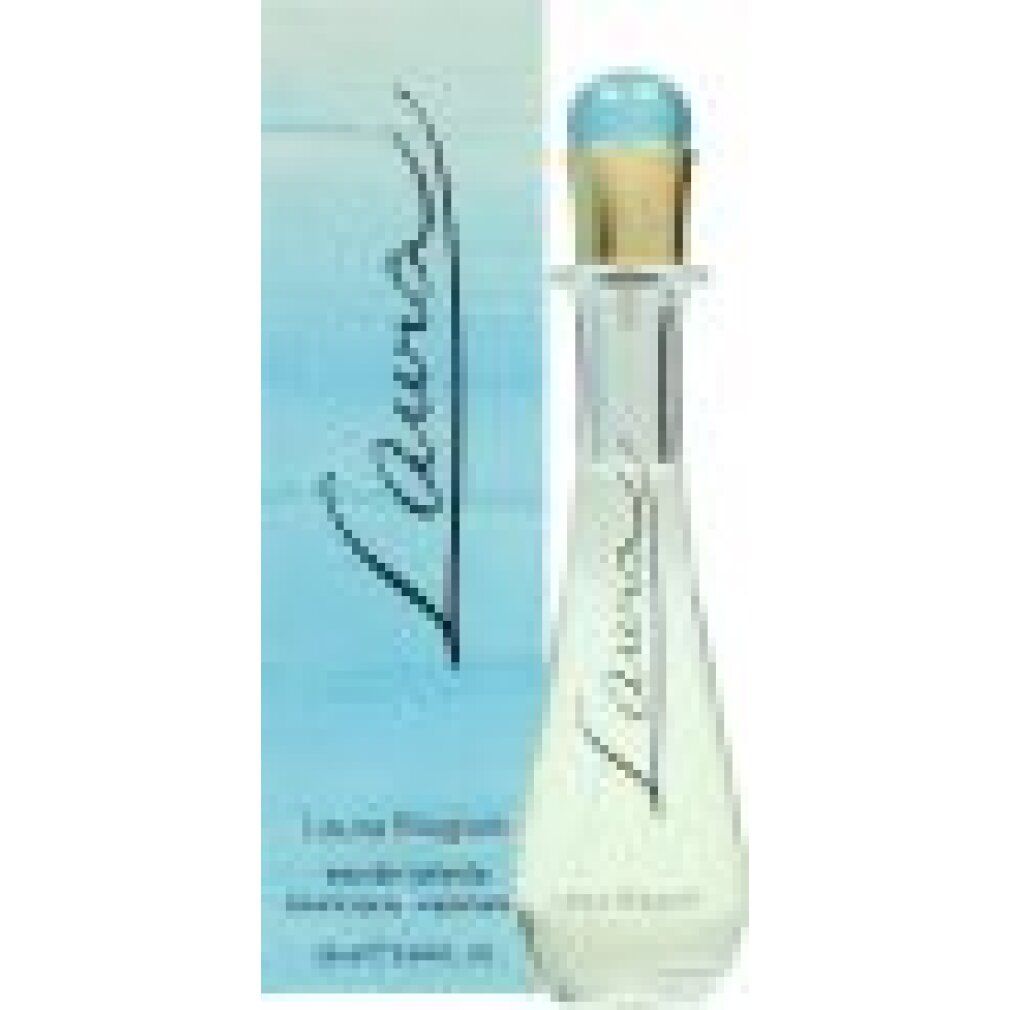 Laura Biagiotti Laura Eau de Toilette Vaporisateur. Flakon mit hellblauer Flüssigkeit, hellblauer Verschluss, Verpackung.