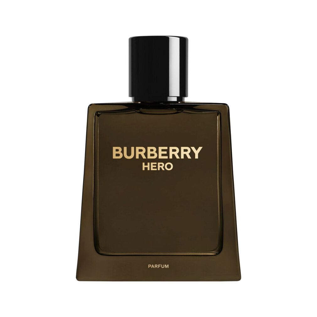 Burberry Hero Parfum Nat. Spray. Braune Flasche mit schwarzem Verschluss. Goldener Schriftzug.