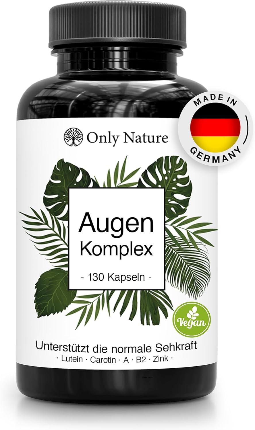 Schwarze Flasche mit Etikett. Aufschrift: Augenkapseln, 130 Kapseln. Vegan-Siegel. Made in Germany-Siegel.