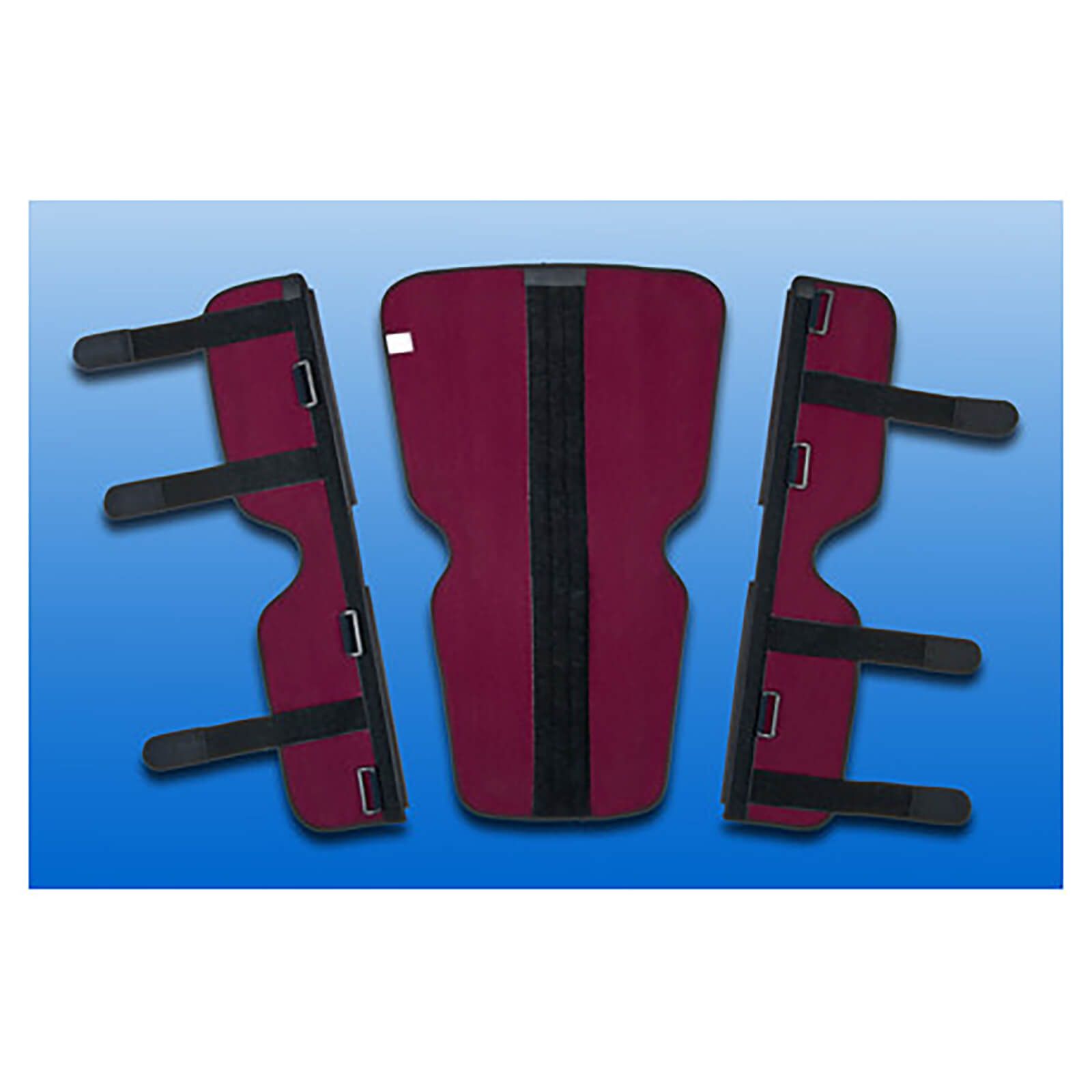 Dreiteilige Knieschiene. Rotes Innenfutter, schwarze Gurte mit Klettverschlüssen. Größe M.