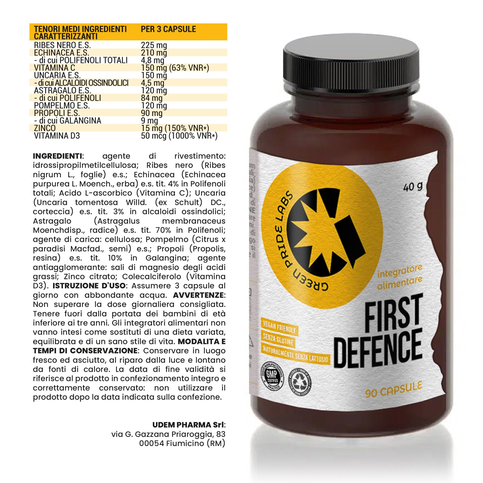 Flasche mit Etikett, das Inhaltsstoffe und Details zeigt. Enthält eine Liste der Inhaltsstoffe pro Kapsel und Anwendungshinweise.