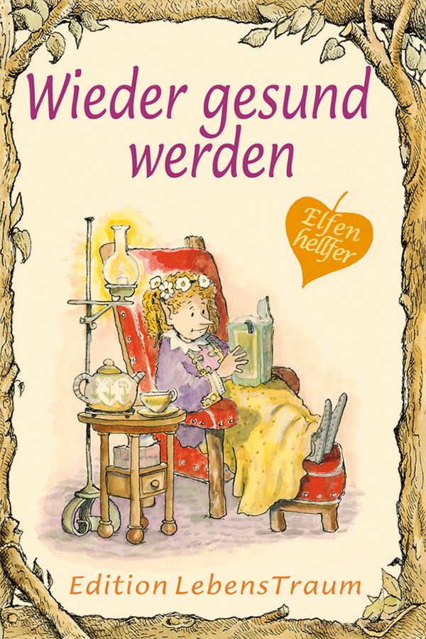 Buchcover mit Titel "Wieder gesund werden". Illustration einer Person, die in einem Sessel sitzt und liest. "Elfenhelfer" Logo.
