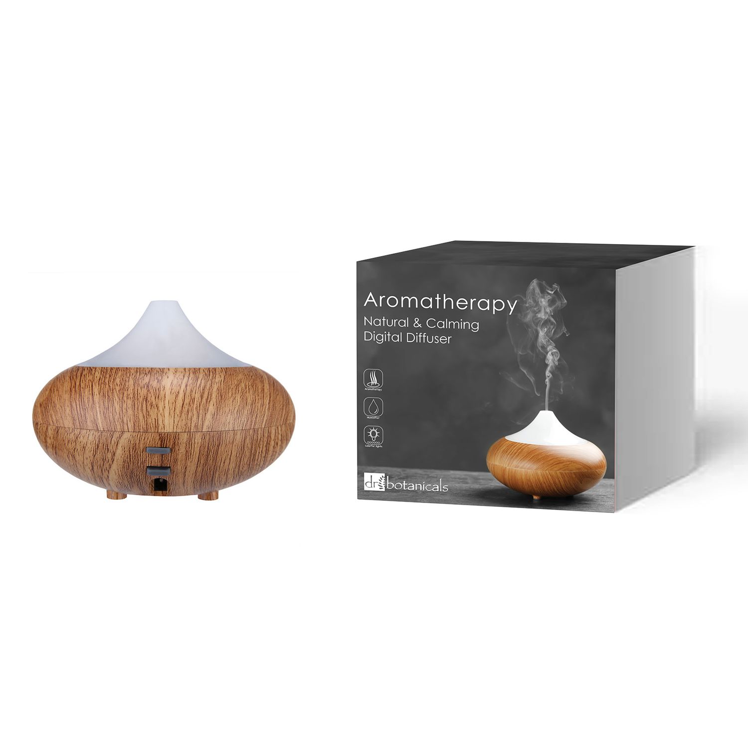 Aromatherapie-Diffusor mit Holzmaserung und weißem Oberteil. Neben einer Produktverpackung mit Text.