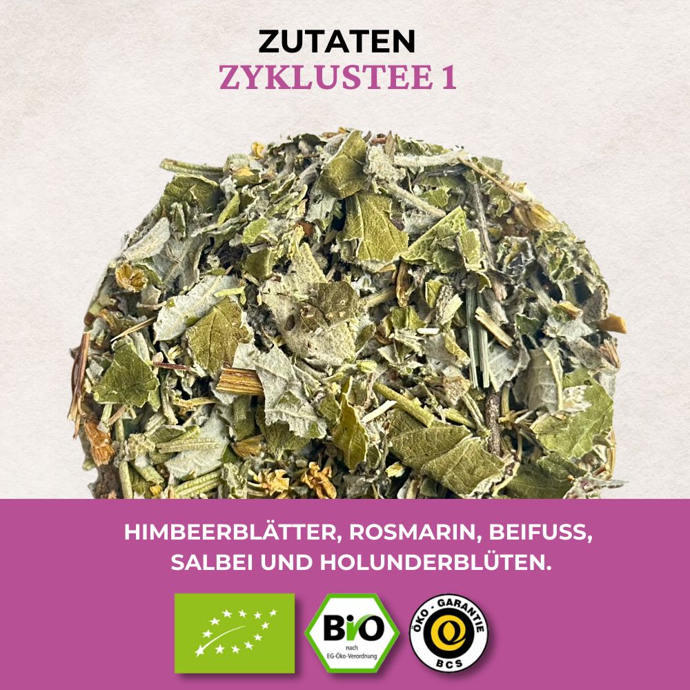 Haufen loser Kräuter. Zutaten: Himbeerblätter, Rosmarin, Beifuss, Salbei und Holunderblüten. Bio-Siegel.