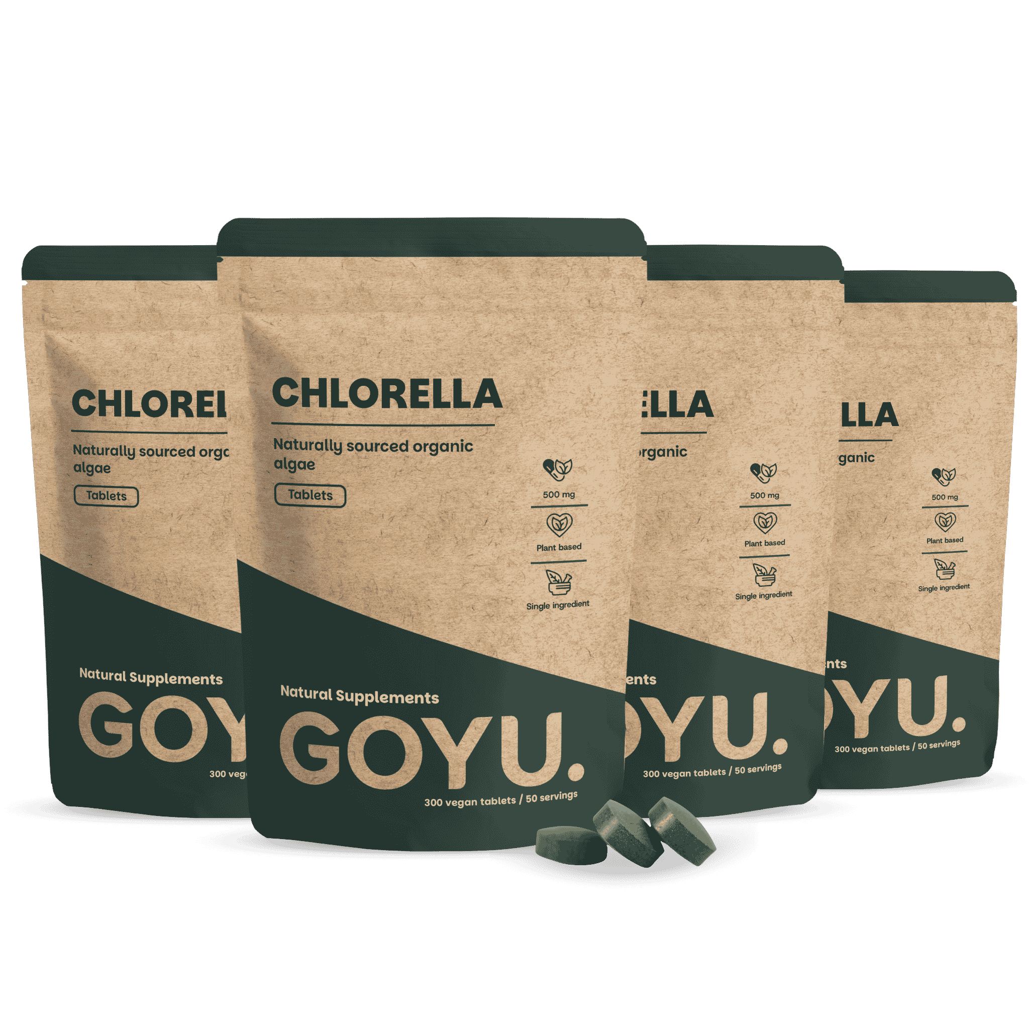 Vier Packungen Chlorella Tabletten, 300 Stück pro Packung. Natürliche Nahrungsergänzung.