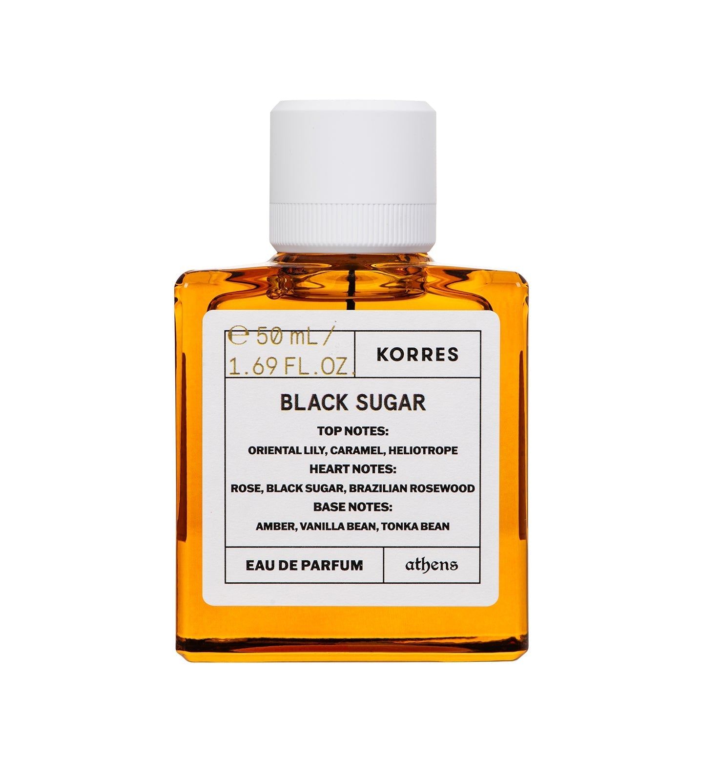 Quadratische Glasflasche mit weißem Deckel. Etikett: Black Sugar, KORRES. Inhaltsstoffe. 1.69 FL.OZ. / 50 ml.