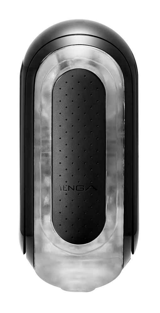 Schwarzes, längliches Wellness-Produkt mit transparenten und schwarzen Elementen. Mit der Aufschrift "TENGA".