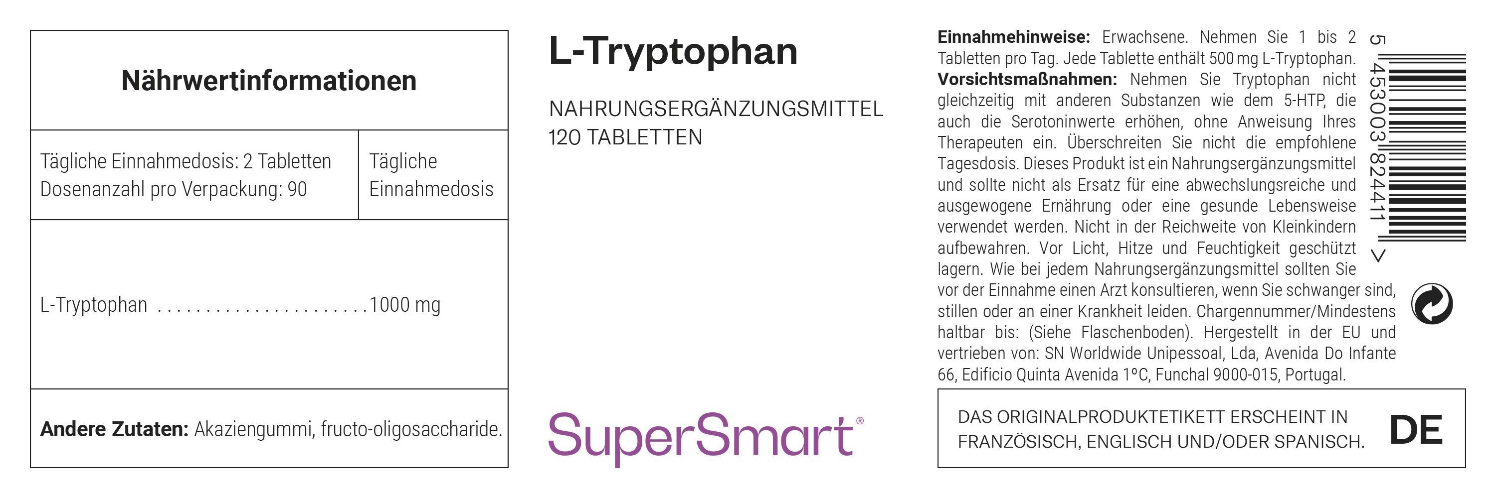 L-Tryptophan, 120 Tabletten. Nährwertinformationen und Zutaten. SuperSmart-Logo. Text in Deutsch.