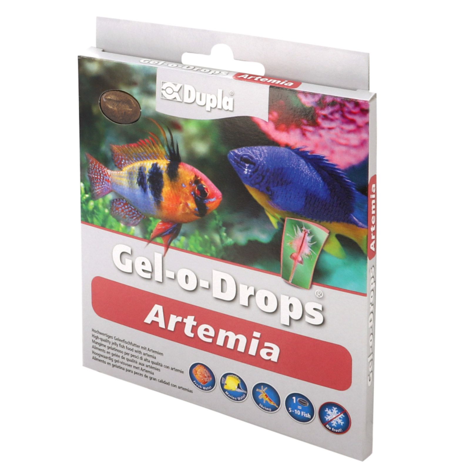 Dupla Gel-o-Drops Artemia-Verpackung. Fischabbildung und Produktname. Aufschrift: Gel-o-Drops Artemia. Logo Dupla.