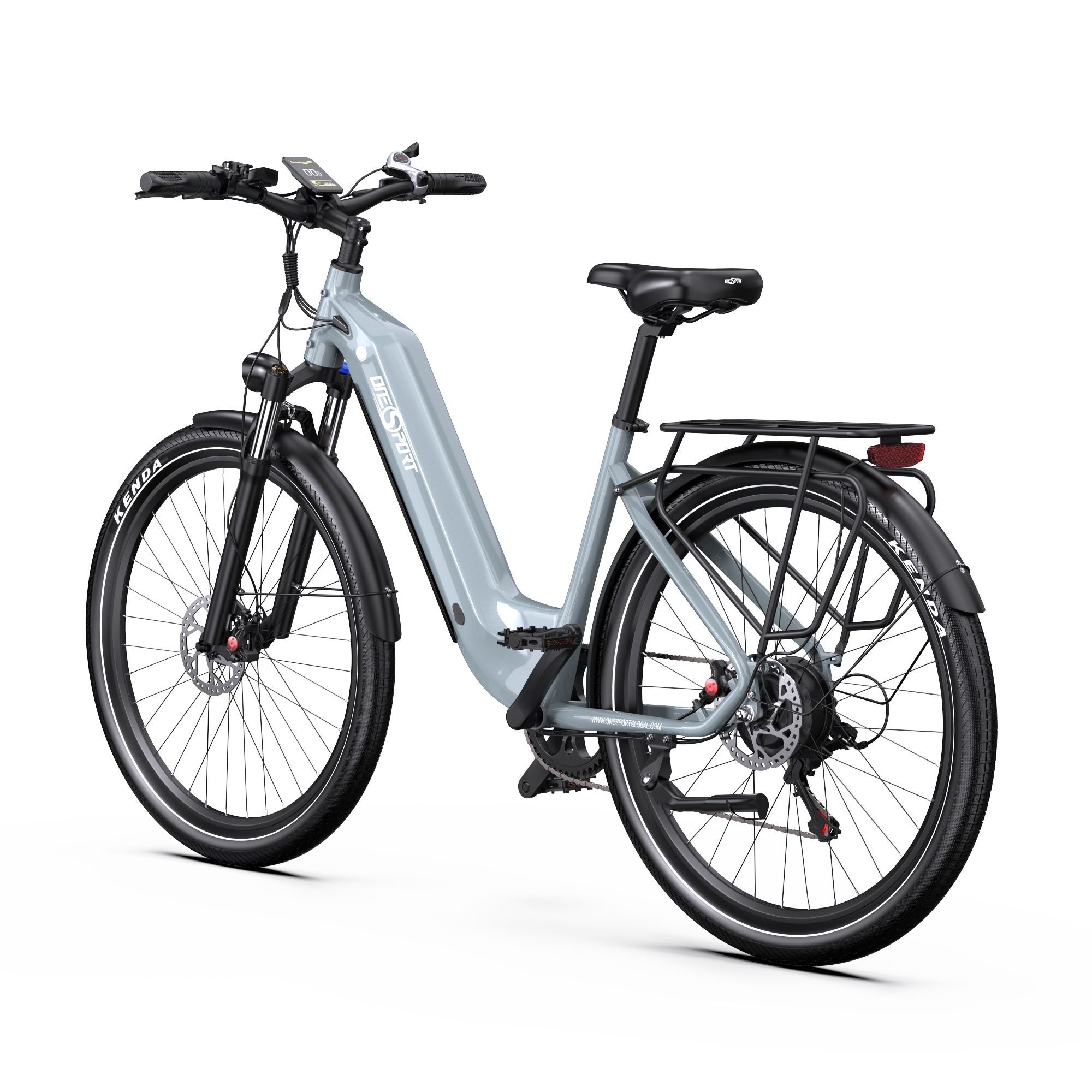 Graues E-Bike, Heckansicht. Gepäckträger, schwarzer Sattel und Reifen. Marke ONESPORT.